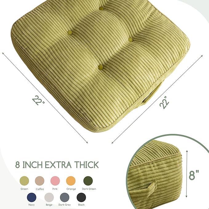 HIGOGOGO 8" Extra Thick Floor Pillow Cushion for Adults, Meditation Cushion Pillow, Large Square Floor Sitting, Tufted Corduroy Cover, for Tatami Living Room or Yoga, 22x22 Inch, 2Pack, Green