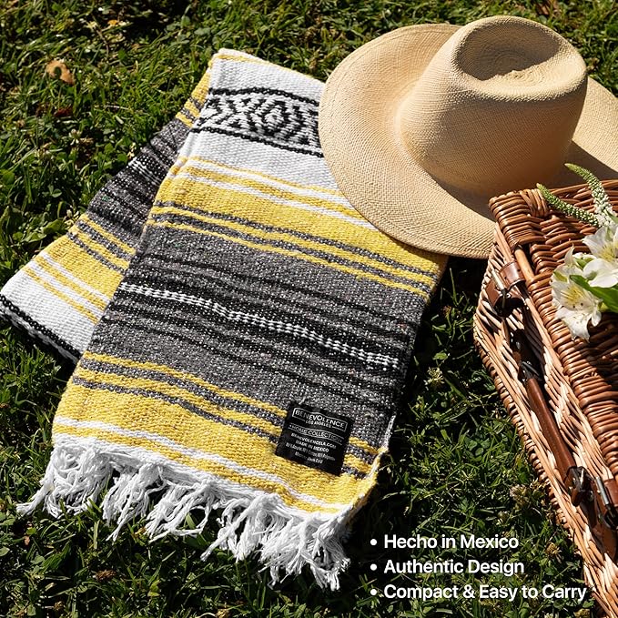 Benevolence LA Authentic Handwoven Mexican Blanket | Yoga Blankets, Outdoor, Picnic, Beach, Camping | Equestrian Saddle | Serape 50x70 inches - Sunshine, Pack of 1
