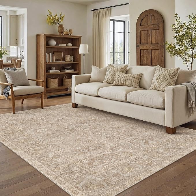 Brown 5x7 Area Rug Washable Vintage Living Room Carpet Bedroom Indoor Non Slip Soft Low Pile Thin Stain Resistant Distressed Accent Throw Rug for Dining Office Nursery