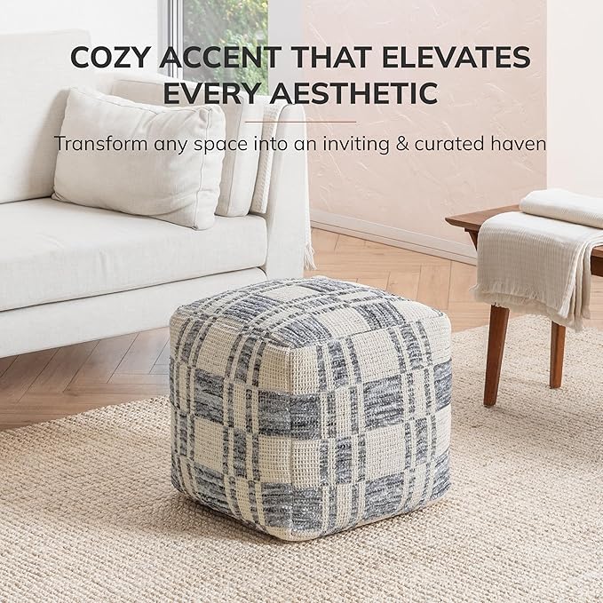 Anji Mountain Pouf Ottoman Foot Rest, Handmade Ottoman Pouf, Comfortable Foot Stool, Decorative Floor Seating for Living Room Decor, Bedroom & Home Décor Accent - Ash Lattice