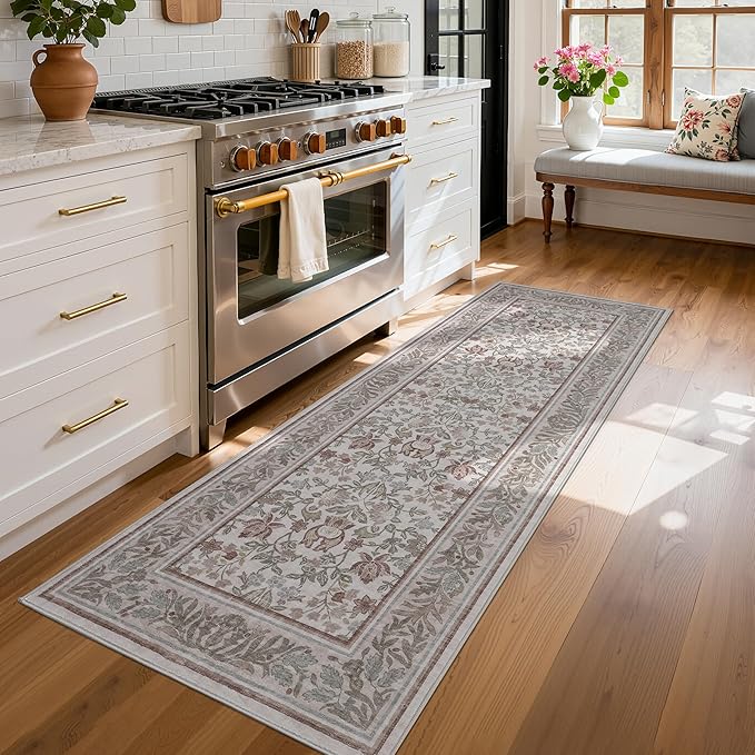 GarveeHome Runner Rugs 2x6 Kitchen Runner Rug Non Slip Washable Runners for Hallways, Boho Vintage Rugs with Rubber Backing Low-Pile Indoor Carpet for Entryway Bedroom Beige Pink