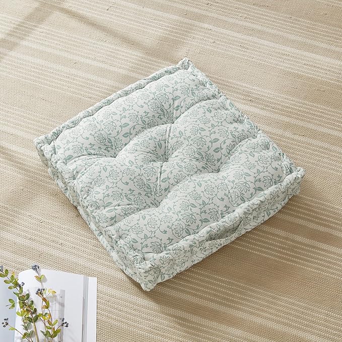 Peri Home Floor Pillow for Adults, Square, Oversized, 100% Cotton Large Floor Cushion Seating, Vine Floral Printed and Tufted, 24x24, Blue