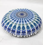 CRAFT KALA Large Round Bohemian Floor Pillow Pouf Cover Mandala Meditation Room Pillow Cover for Adults Boho Seating Poufs Cushion Cover for Kids Playroom 32" Round Green Sky Peacock