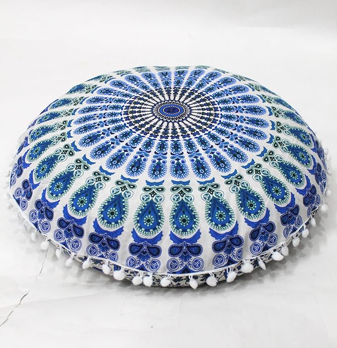 INDIAN CRAFT CASTLE ICC 32 Inch Large Round seat Floor Cushion Cover Chair Ottoman Pouf Pillow Cover Meditation Floor Cushion Covers Seating pouffe Throw Covers Sky Blue