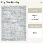 Area Rug 10x12 Vintage Washable Living Room Large Gray Carpet Non Slip Bedroom Indoor Office Dining Room Low Pile Thin Rug Grey