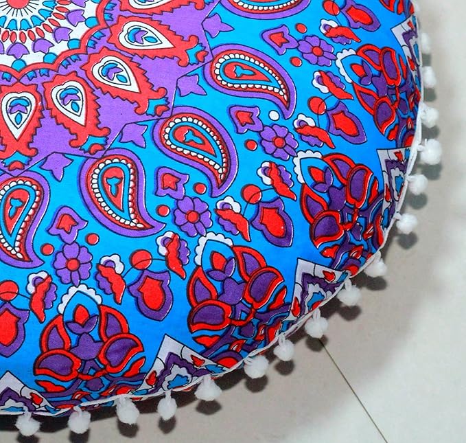 Round Mandala Floor Pillow Cover Seating Cushion Throw Cover Ottoman Pouf Cover Pom Pom Pillow Cases Hippie Decorative Bohemian Boho Indian 22 Inches (Purple Blue)