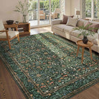 5x7 Area Rugs for Living Room Bedroom, Large Washable Rug, Green Vintage Floral Boho Rug, Non Slip & Low Pile Faux Wool Thin Carpet for Indoor Dining Room and Kids Room(Green 5x7ft)
