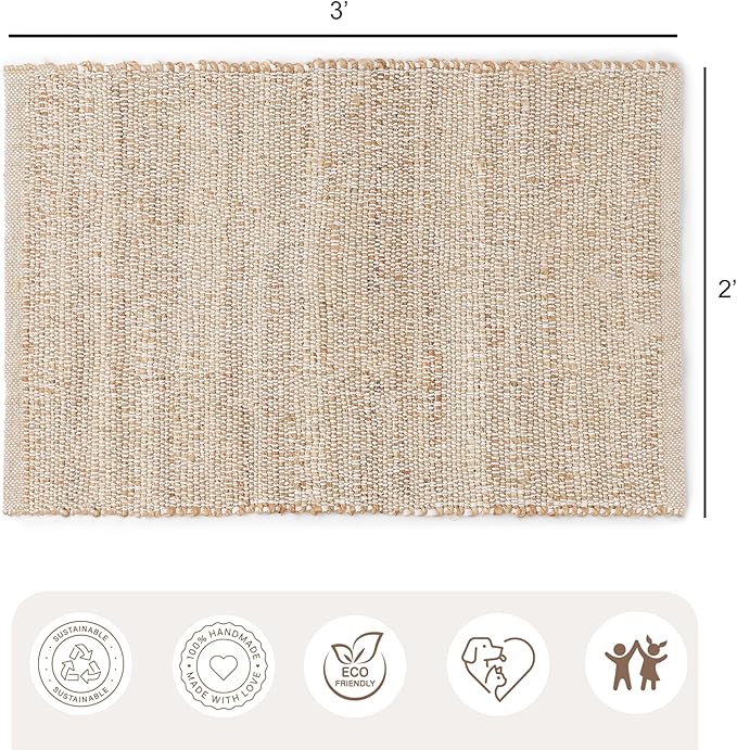· REDEARTH · Jute Cotton Area Rug - 2'x3' Rectangular Rug, Sustainable Handwoven, Non-Shedding, Soft & Durable – Reversible, Neutral Tones for Home Décor in Living Room, Dining Room, Bedroom, Set of 2