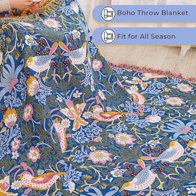 Boho Cotton Muslin Twin Size Bed Throws,100% Cotton Rustic 4 Layer Reversible Bid and Floral Woven Washable Breathable Decor Quilt 60"×80" for Couch Sofa All Seasons,Blue &Yellow