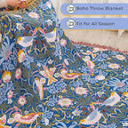 King Throw Blanket for Bed 100% Cotton Boho Oversized Soft Cozy Muslin Quilt Blanket Double Embroider Bird and Florals, Vintage Farmhouse Cottage Woven Blankets for Bedding Couch,90"×98"- Blue&Yellow