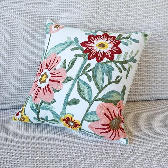 vctops Floral Embroidered Pillow Covers 18x18 Inch Spring Summer Cotton Tufted Throw Pillow Cover Outdoor Garden Cushion Case for Sofa, Bed, Living Room (Flower D,18"x18")