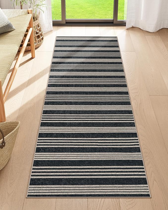Lahome Elance Striped Easy Jute Runner, 2x6 Kitchen Runner Rug Non Slip Washable Outdoor Rug for Entryway Indoor, Farmhouse Indoor Outdoor Black Carpet for Hallway 6ft Entry Front Door