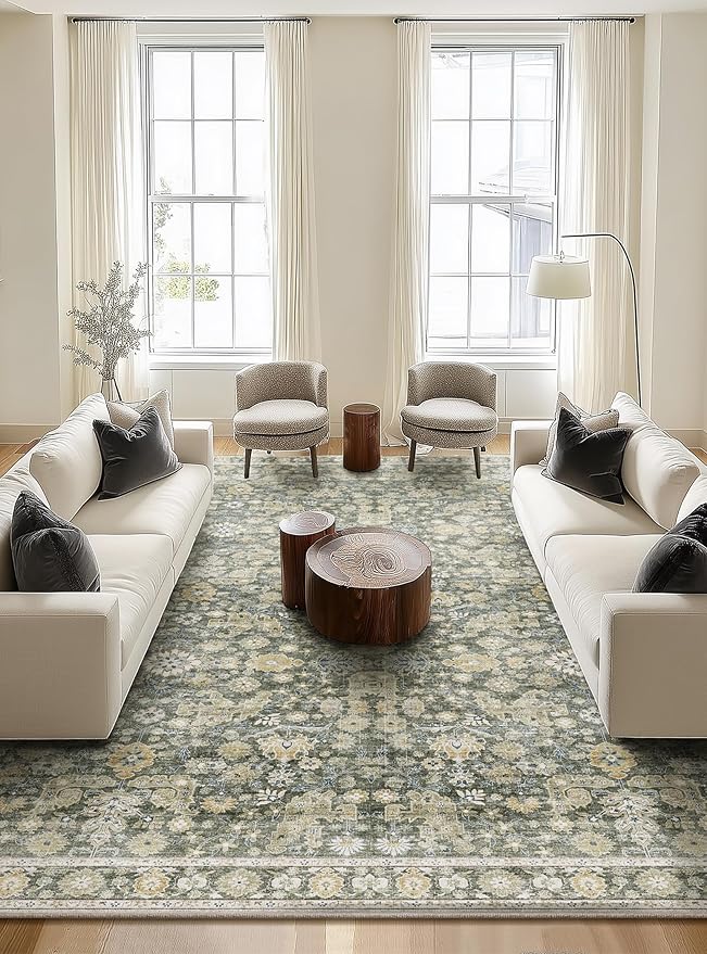 Washable Rugs for Living Room: 10x14 Area Rugs for Bedroom Ultral Soft Non-Slip Stain Resistant Vintage Boho Large Carpet for High-Traffic Dining Room - Farmhouse Decor