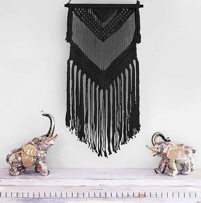 Livalaya Boho Black Macrame Woven Wall Hanging - Black 16 in x 36 in Modern Bohemian Tapestry wall Art Decor for House, Apartment, Dorm, Bedroom, Nursery, Party Decorations, Wedding, Wall Ornament