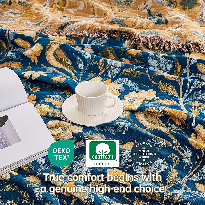 Boho Throw Blanket, 100% Organic Cotton Breathable Ultra Soft 80" x 90" Bed Quilt Throw - All Season Floral Rustic Farmhouse Decor Luxury Reversible Blanket for Sofa Couch Chair and Gift