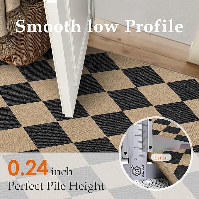 2x8 Checkered Easy Jute Runner Rug Non Slip Hallway Kitchen Washable Outdoor Rug for Entryway Indoor Checkerboard Black Indoor Outdoor Long Carpet for Bedside Entry Front Door Porch