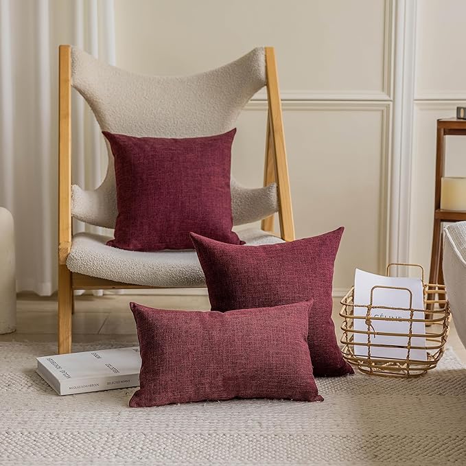 Home Brilliant Decorative Pillow Covers 18 x 18 Set of 4 Wine Red Vintage Lined Linen Throw Pillow Cases Durable Pillow Covers for Sofa Couch and Living Room, 18x18 Inch, Wine Red