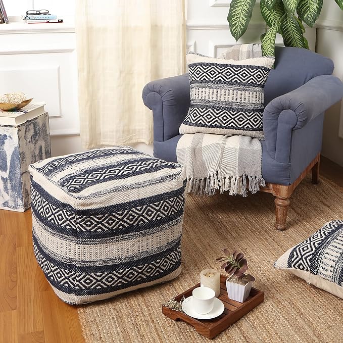 REDEARTH · UNSTUFFED Pouf Ottoman Cover Textured Cube Bean Bag Poof Pouffe Footrest for Living Room, Bedroom, Patio, Gym; 100% Cotton (18"X18"X18", Indigo Impressions)