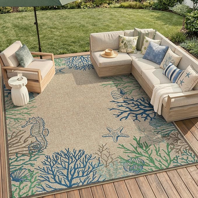 LIVEBOX Modern Easy Jute Outdoor Rug 8x10, Washable Rugs for Living Room Indoor Outdoor Non Slip Large Patio Coastal Animal Farmhouse Area Rugs, Carpet for Backyard Office Decor(Olive 8'x10')