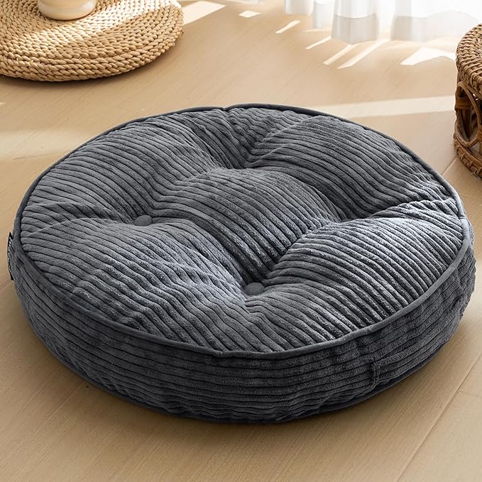 HIGOGOGO Floor Pillow Cushion for Adults, Meditation Cushion Pillow, Large Round Floor Sitting, Removable Tufted Corduroy Cover, for Tatami Living Room or Yoga, 22x22 Inch, Dark Grey