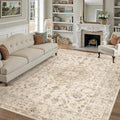 5x7 Beige Area Rug Washable Living Room Vintage Carpet Bedroom Distressed Non Slip Low Pile Thin Dining Room Office Medallion Accent Throw Rug