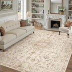 5x7 Beige Area Rug Washable Living Room Vintage Carpet Bedroom Distressed Non Slip Low Pile Thin Dining Room Office Medallion Accent Throw Rug