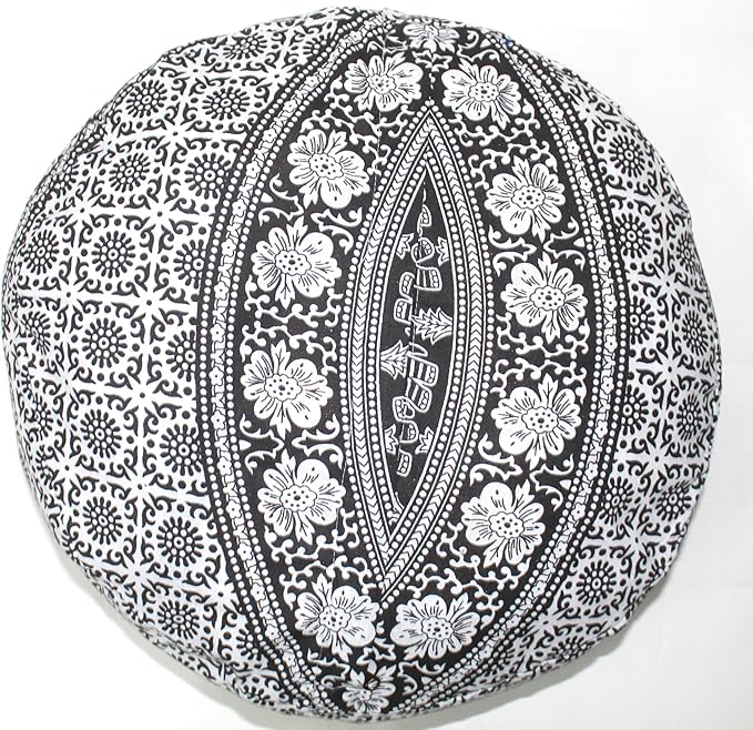 INDIAN CRAFT CASTLE ICC Mandala Barmeri Large Floor Pillow Cover Cushion Meditation Seating Ottoman Throw Cover Hippie Decorative Zipped Bohemian Pouf Ottoman Cases Black Elephant, 24" Round