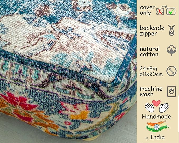 Blue Square Floor Pillow Cover Large Yoga Décor Cushion Moroccan Pouf Ottoman Boho Furniture Perfect for Living Room, Bedroom, Nursary or Children Room Seating Area Beanbag Footstool 24x8 Unstuffed