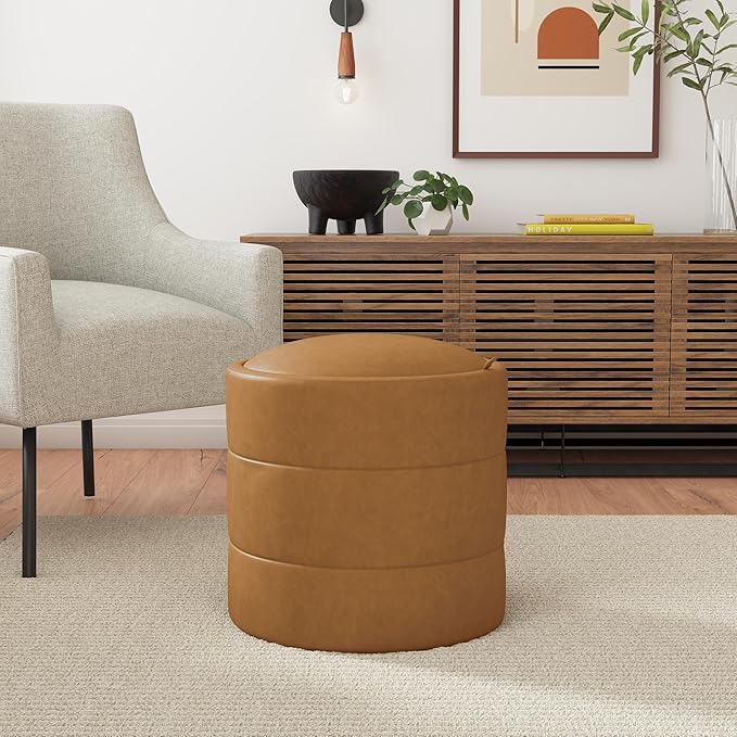 Spatial Order Storage Round Ottoman with Removable Lid (with Hidden Storage) | Spatial Order Home Décor | Upholstered Round Velvet Ottoman – Carmel Faux Leather