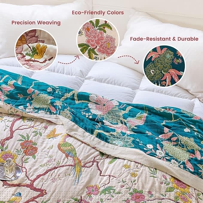 MSGKV The Boho Layer: 50"x60" Cotton Throw Blanket – Lightweight & Reversible Chinoiserie Floral & Bird Pattern, Spring Decorative Accent for Couch Snuggles, Bed Layers & Road Trips
