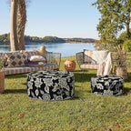 Indoor/Outdoor Inflatable Ottoman, Water Repellent Round Foot Rest Ottomans D31 x H14 inch, Portable Footstool for Patio Garden Camping or Home, Elegant Vines Black