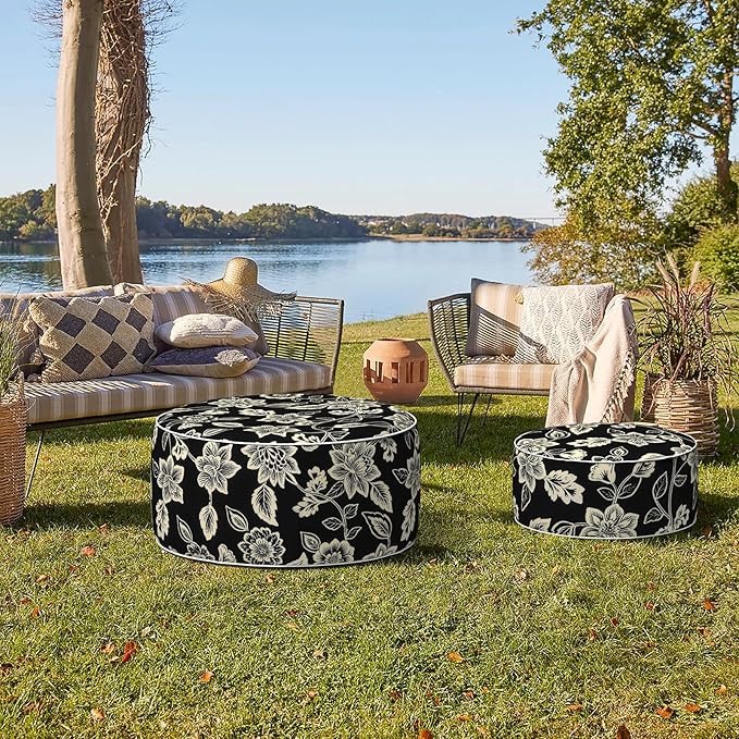 Indoor/Outdoor Inflatable Ottoman, Water Repellent Round Foot Rest Ottomans D31 x H14 inch, Portable Footstool for Patio Garden Camping or Home, Elegant Vines Black