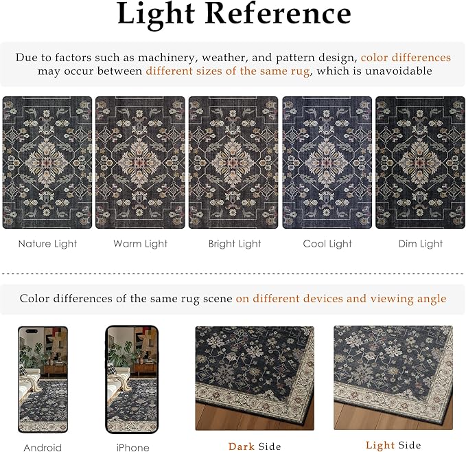 Black 5x7 Area Rug Washable Vintage Carpet Living Room Bedroom Indoor Non Slip Low Pile Thin Soft Stain Resistant Accent Throw Rug for Dining Room Office