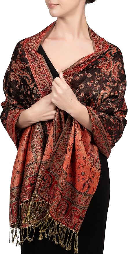 Achillea Reversible Paisley Pashmina Rave Scarf – Exotic Indian Shawls and Wraps for Evening Dresses, Festivals, All Seasons