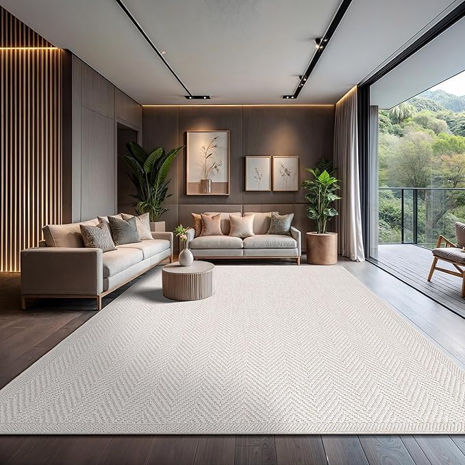 CAMILSON Easy Jute Rug 10x14, Indoor Outdoor Off-White Color Fiber Area Rugs for Living Room and Patio Rug Herringbone Boho Woven Design Easy-Cleaning Washable Outside Carpet Alfombras 10 x 14