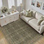 Area Rug 5x7 Green Brown Washable Vintage Living Room Carpetb Traditional Distressed Bedroom Indoor Soft Non Slip Large Rug Retro Thin Low Pile Floor Cover for Office Dining Room