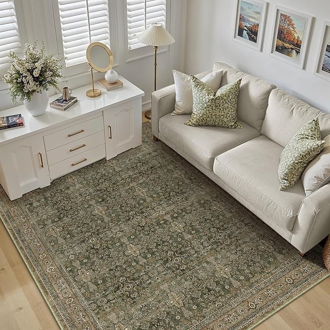 Area Rug 5x7 Green Brown Washable Vintage Living Room Carpetb Traditional Distressed Bedroom Indoor Soft Non Slip Large Rug Retro Thin Low Pile Floor Cover for Office Dining Room