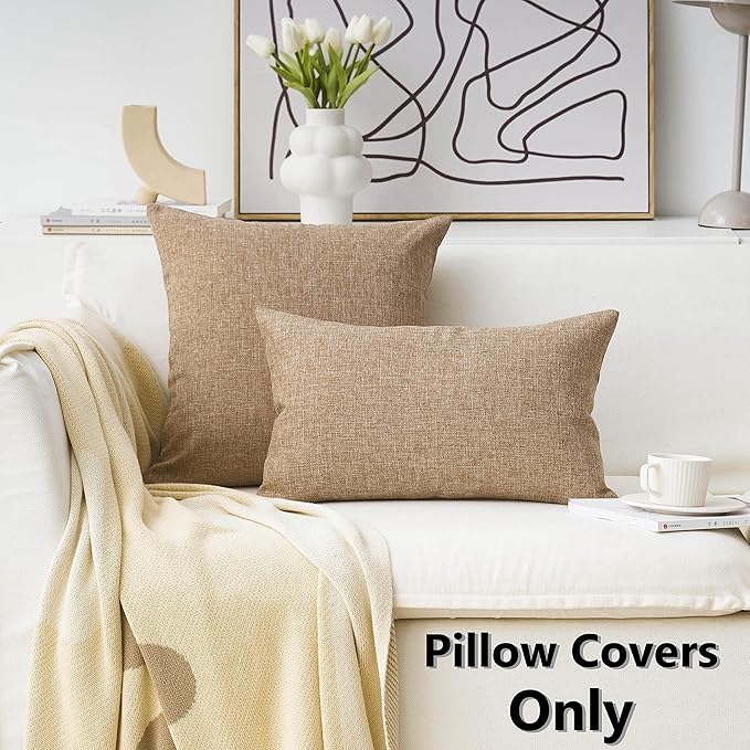 Home Brilliant Burlap Linen Pillow Covers Lumbar Oblong Cushion Cover Decorative 12x20 Throw Pillow Cover for Sofa, 30cm x 50cm, Set of 4, Natural Linen