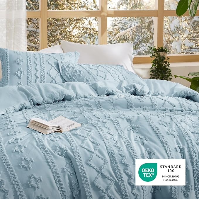 Bedsure Tufted Boho Comforter Set Queen Size - Light Blue Boho Bed Set, GentleSoft™ 3 Pieces Farmhouse Shabby Chic Embroidery Bedding, Gifts for Woman, Soft Jacquard Queen Comforter for All Seasons