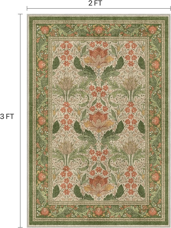 Bavni 2x3 Area Rugs, Floral Machine Washable Rugs for Living Room, Dinning Room, Bedroom, Non Slip Aesthetic Vintage Low Pile Durable Lightweight Farmhouse Rug, Sage Green & Burnt Orange