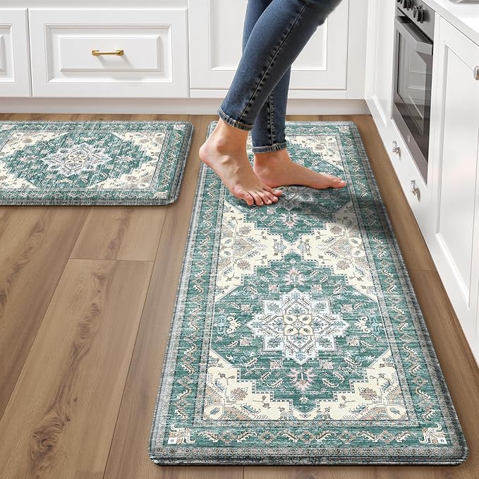 Boho Kitchen Mats for Floor 2 Piece Set Anti Fatigue Cushioned PVC Kitchen Rugs Non Slip Waterproof Farmhouse Mats 2/5 Inch Comfort Standing Mat for Sink, Laundry, 17.3"x47"+17.3"x28", Blue Green