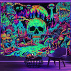 Zussun Blacklight Hippie Skull Mushroom Tapestry for Bedroom Aesthetic Hippy Forest Skeleton Monster Tapestries Wall Hanging Glow in The Dark Wall Tapestry for Living Room Dorm 80 × 60 Inch