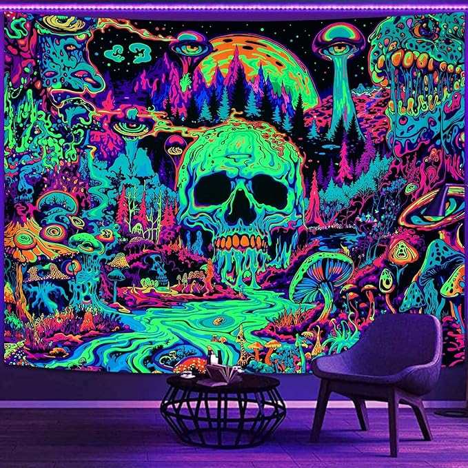 Zussun Blacklight Hippie Skull Mushroom Tapestry for Bedroom Aesthetic Hippy Forest Skeleton Monster Tapestries Wall Hanging Glow in The Dark Wall Tapestry for Living Room Dorm 80 × 60 Inch