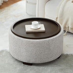 30 Inch Round Storage Ottoman, Ottoman Coffee Table with Lift Off Lid, Boucle Modern Ottomans with Storage for Living Room, Bedroom, Apartments (White and Gray Striped)