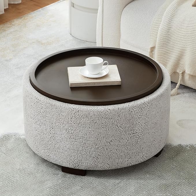 30 Inch Round Storage Ottoman, Ottoman Coffee Table with Lift Off Lid, Boucle Modern Ottomans with Storage for Living Room, Bedroom, Apartments (White and Gray Striped)