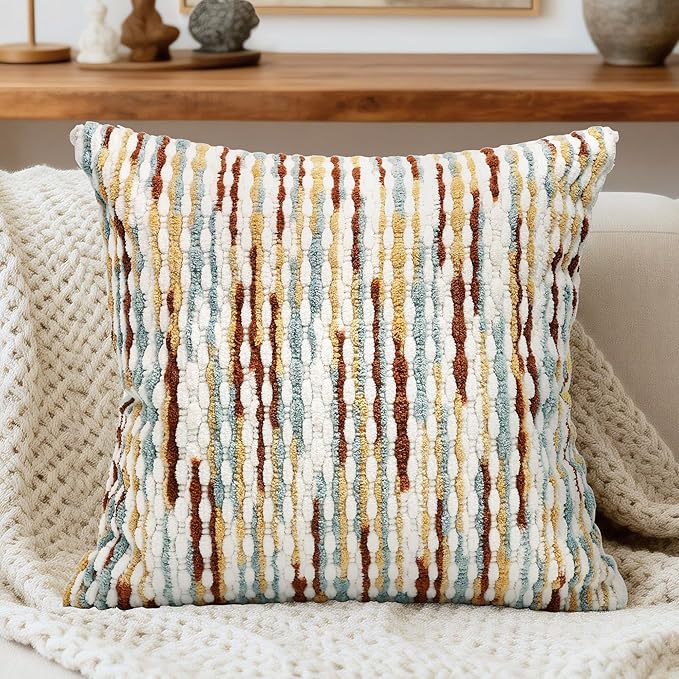Boho Decorative Throw Pillow Covers 18x18 Inch, Chenille Tufted Pillow Cover Stripe Textured Square Farmhouse Accent Pillowcase for Couch Sofa Bedroom Living Room, Red White Khaki Grey 1 Pack