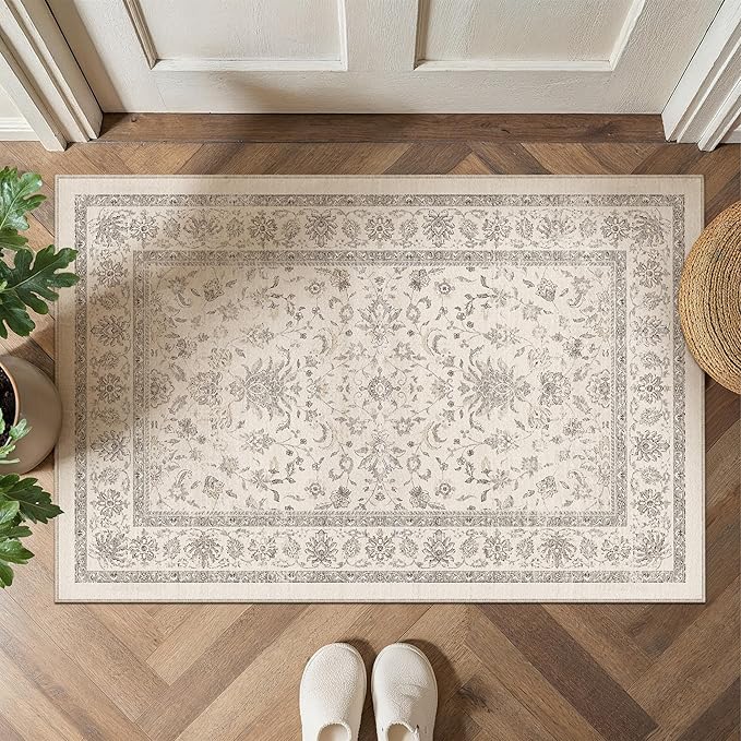 2x3 Area Rug Beige Washable Entryway Vintage Carpet Door Mat Small Non Slip Stain Soft Resistant Low Pile Thin Boho Accent Indoor Throw Rug for Kitchen Bathroom Entrance Bedroom