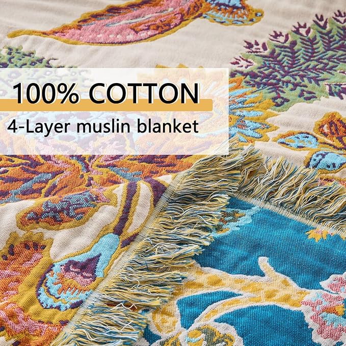 Boho Throw Blanket Farmhouse Decor Throw Blanket Bohemian Blanket for Bed 100% Cotton Muslin Woven Couch Blanket All Seasons Quilt Bedroom (Beige, 60"x80")