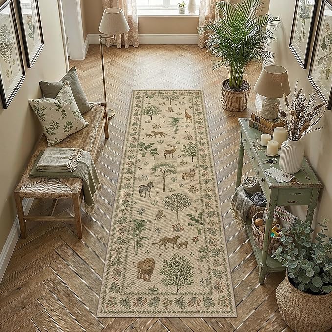 2.6x8 Easy Jute Runner Rug Washable Brown Printed Hallway Outdoor Rug for Patio Lightweight Non Slip No Sheding Carpet Entryway Bathroom Backyard Porch Kitchen