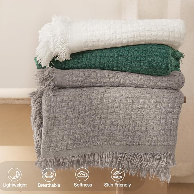 Exclusivo Mezcla Twin Size Knit Blanket with Fringes for Bed, Reversible Super Soft and Warm Woven Boho Throw for All Season, Home Decor, 60"x80", Forest Green